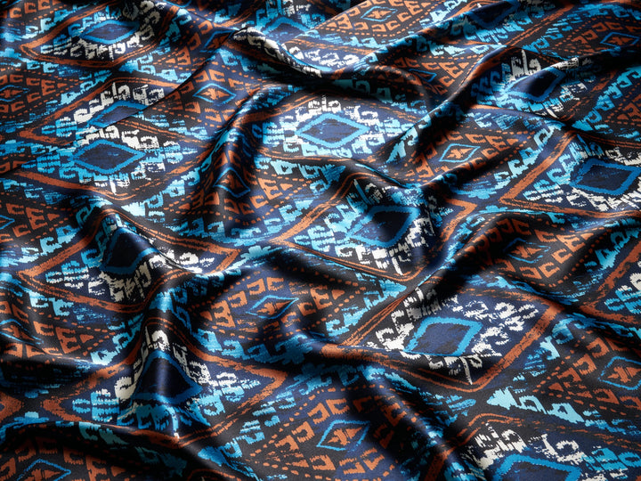 Charmeuse satin fabric by the yard - Blue brown turquoise tribal  print