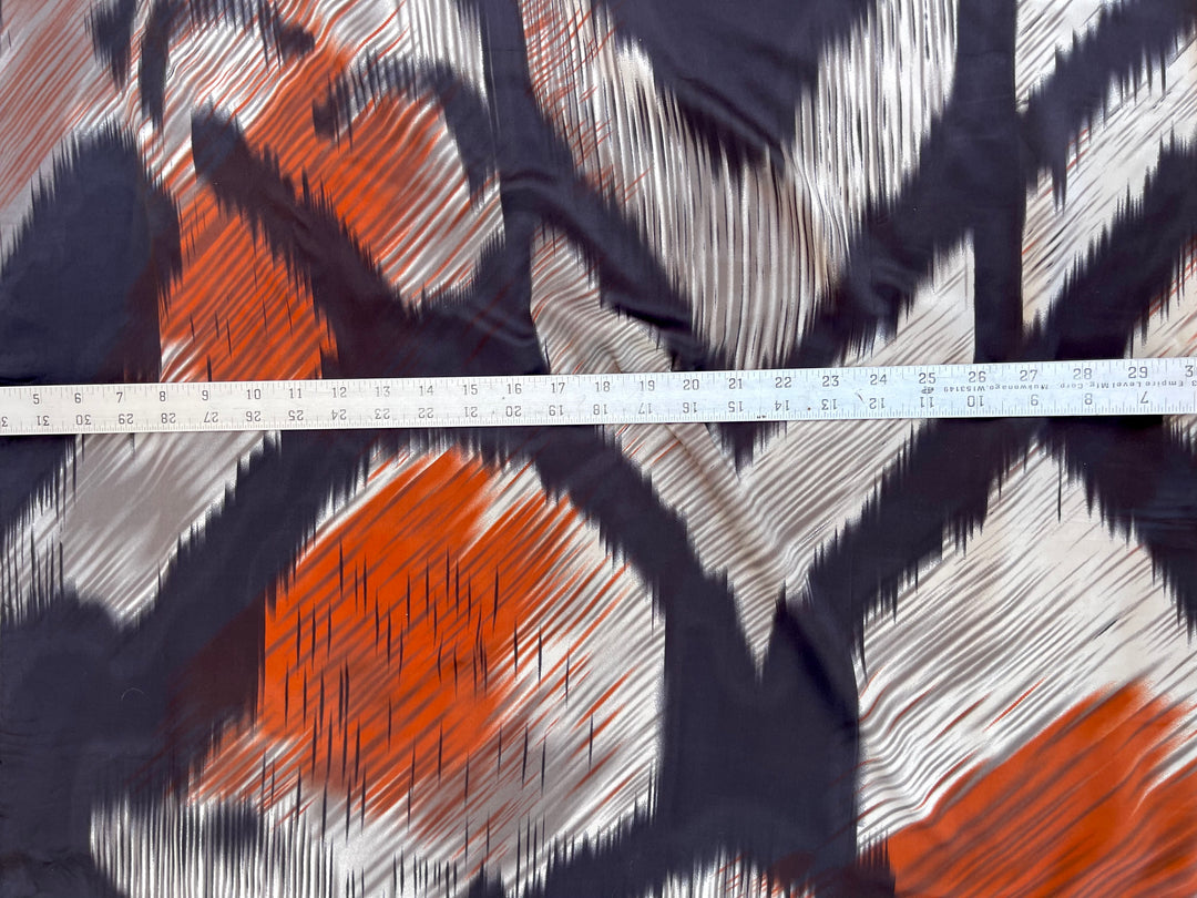 Lightweight  satin fabric by the yard - Ivory black and orange  ikat print