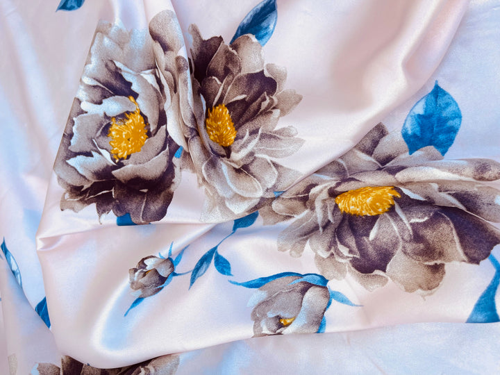 Faux silk charmeuse satin fabric by the yard - Peach with blue and old sage  flowers  print