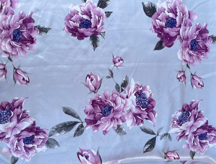 Faux silk charmeuse satin fabric by the yard - light gray with purple flowers  print