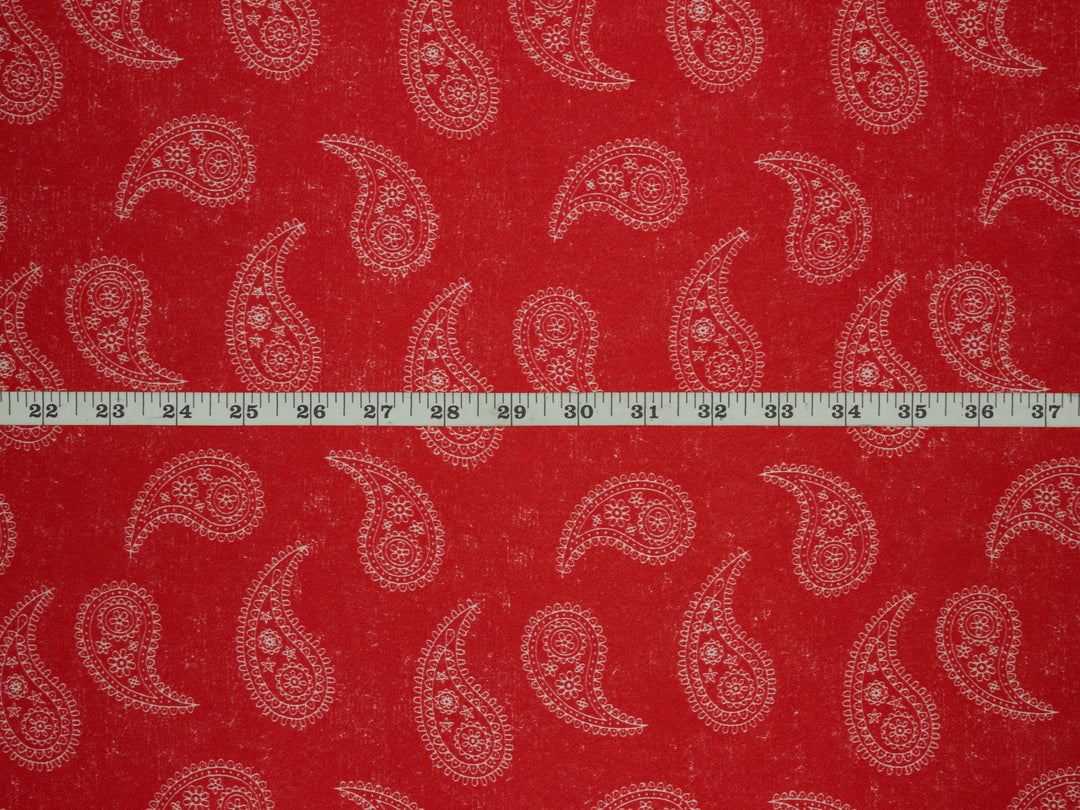 Charmeuse satin fabric by the yard - Red and off white paisley print