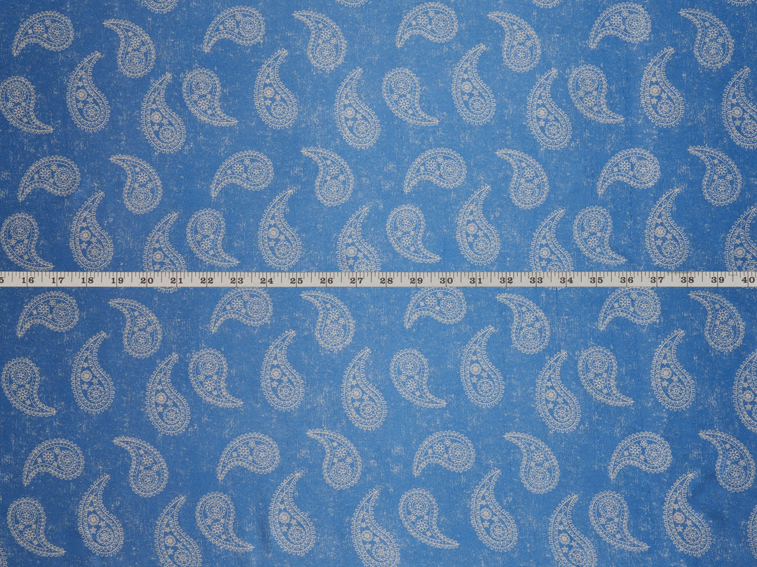 Charmeuse satin fabric by the yard - Blue and off white paisley print