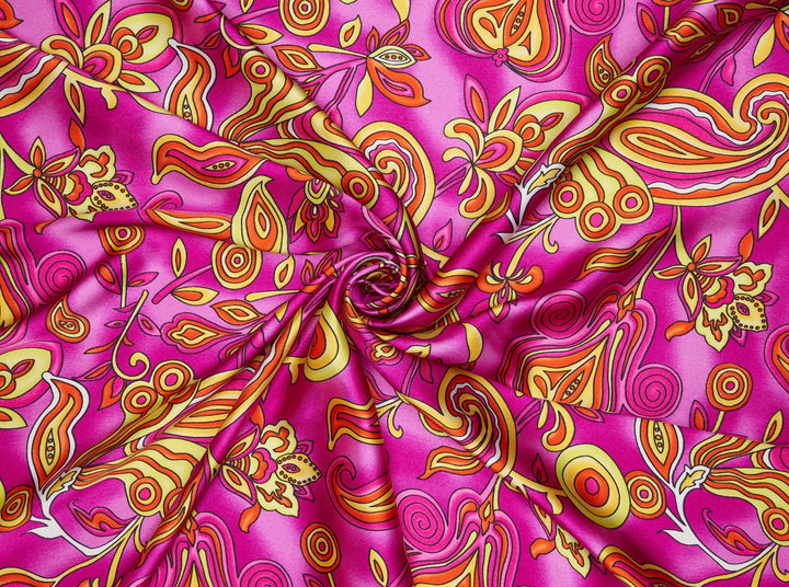 Charmeuse satin fabric by the yard  -  Hot pink yellow red paisley