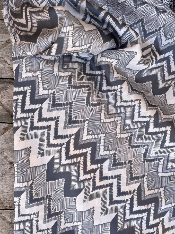 Lightweight  satin fabric by the yard - Gray off white chevron  print