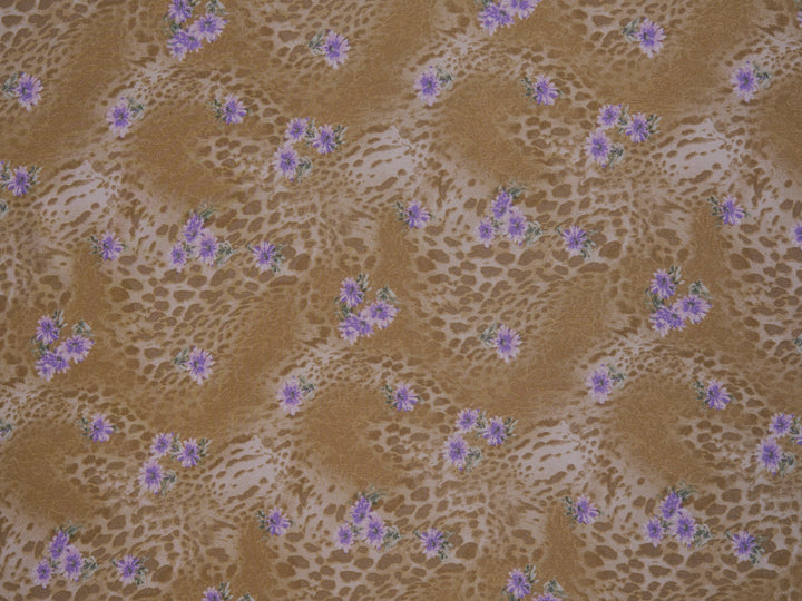 Lightweight  satin  fabric by the yard - Gold animal and purple   floral  print