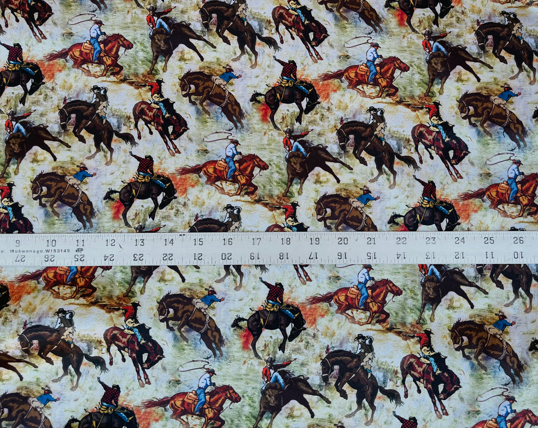 Charmeuse Satin sublimation  fabric by the yard -  Buckin’ Horses - Cowboys western    print