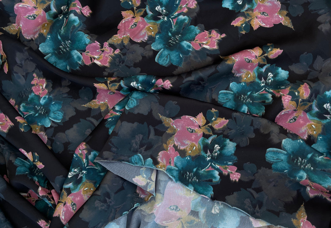 Lightweight stretch   satin dobby   fabric by the yard -  Teal and coral floral on black  pattern