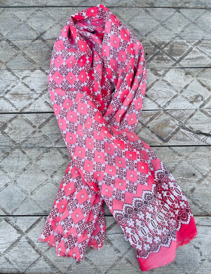 Peachskin  fabric by the yard - Pink off white  motif tribal aztec