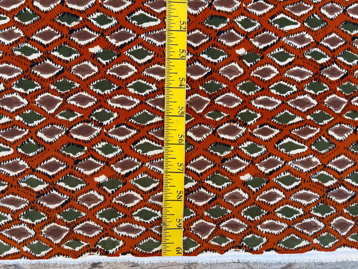 Crepe de Chine fabric by the yard - Rusty orange green brown diamond print