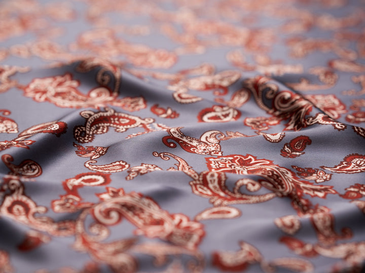 Charmeuse satin fabric by the yard - Gray and burgundy  distressed paisley   print