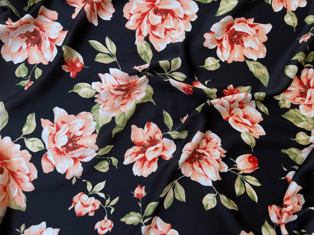 Lightweight  satin  fabric by the yard - Black and orange  floral  print