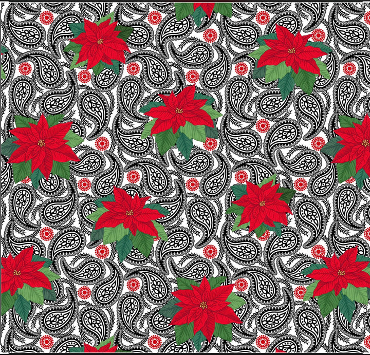 Charmeuse Satin sublimation  fabric by the yard - Black Paisley and Poinsettias Christmas print