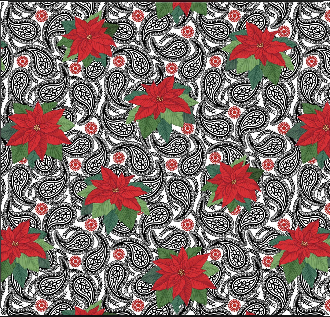 Charmeuse Satin sublimation  fabric by the yard - Black Paisley and Poinsettias Christmas print