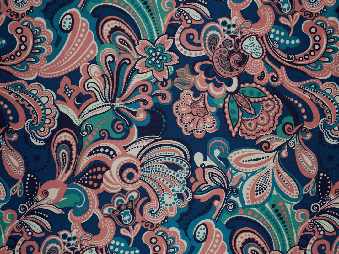 Charmeuse silky satin fabric by the yard - Blue and coral paisley print