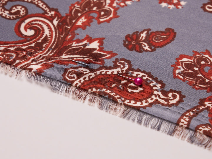 Charmeuse satin fabric by the yard - Gray and burgundy  distressed paisley   print