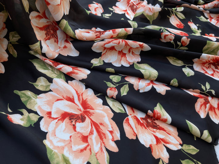 Lightweight  satin  fabric by the yard - Black and orange  floral  print