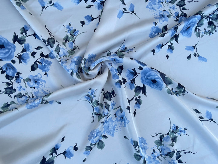 Lightweight  satin  fabric by the yard - off white blue floral  print