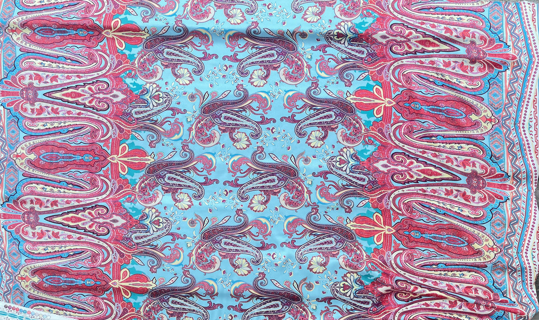 Lightweight  satin  dobby fabric by the yard - Aqua red  paisley tribal border print