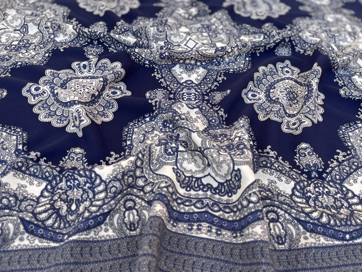 Woolpeach fabric by the yard - Navy and off white paisley damask border print