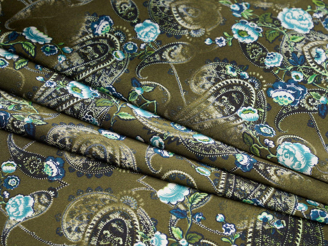 Olive and teal  washed paisley  - charmeuse satin fabric by the yard - MonSar exclusive