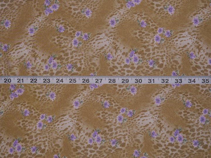 Lightweight  satin  fabric by the yard - Gold animal and purple   floral  print