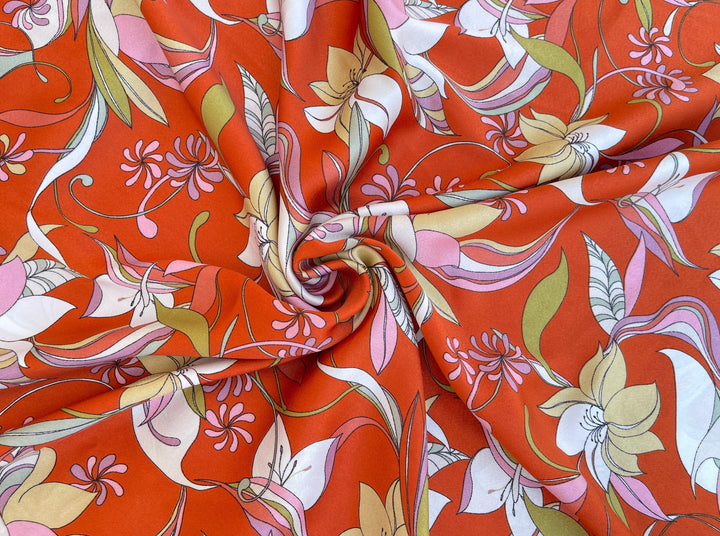 Lightweight  satin stretch fabric by the yard -  Orange  sage  ivory  floral