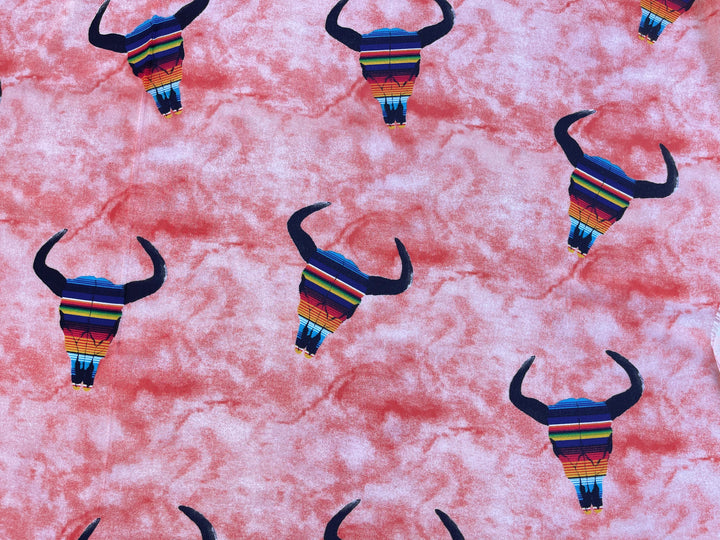 Stretch Crepe  fabric by the yard - Serape skull on coral tie dye western print