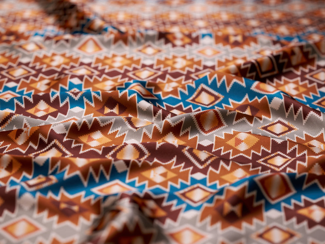 Charmeuse satin fabric by the yard - Mayan Sunset - tribal print