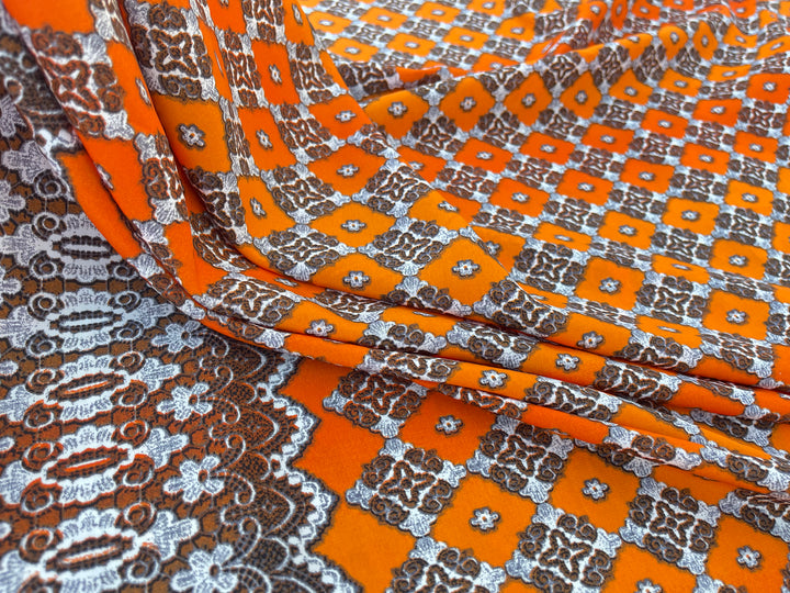 Peachskin  fabric by the yard - Orange brown off white  motif tribal aztec