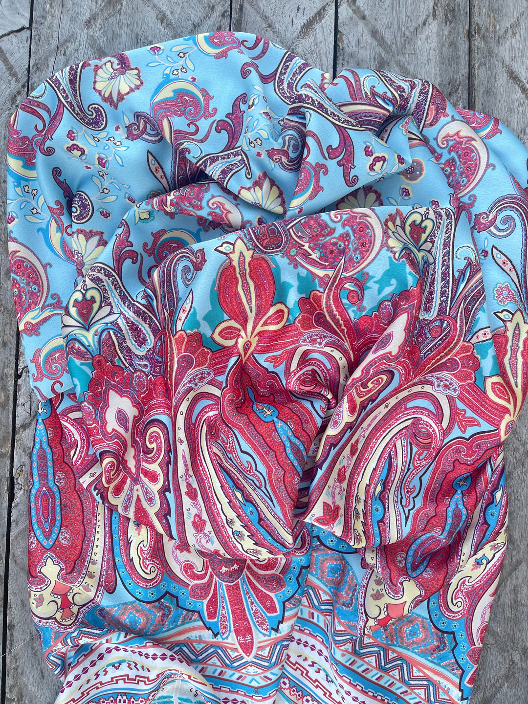 Lightweight  satin  dobby fabric by the yard - Aqua red  paisley tribal border print