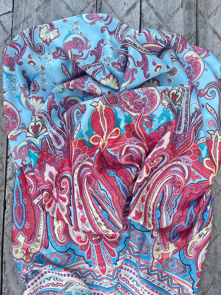 Lightweight  satin  dobby fabric by the yard - Aqua red  paisley tribal border print