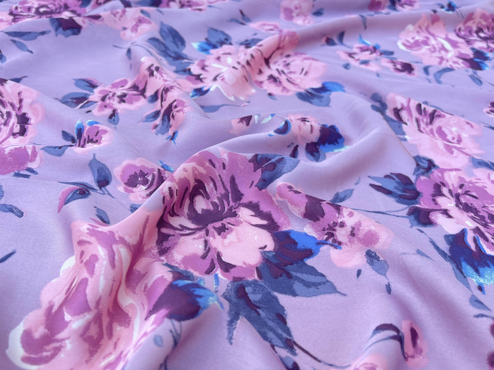 Lightweight  satin  fabric by the yard - Dusty purple and pink floral  print