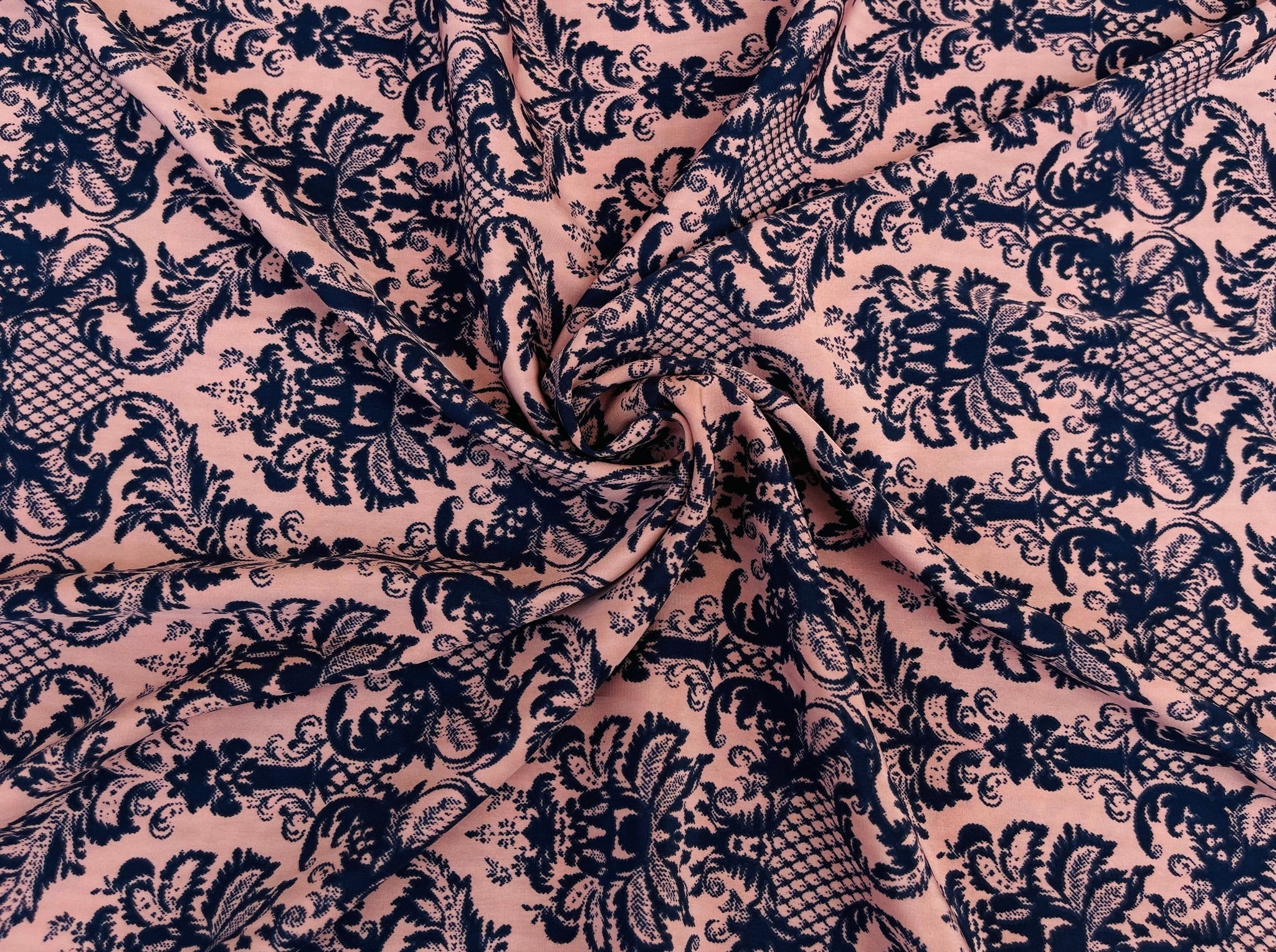 Peachskin fabric by the yard - light coral and black damask print ...