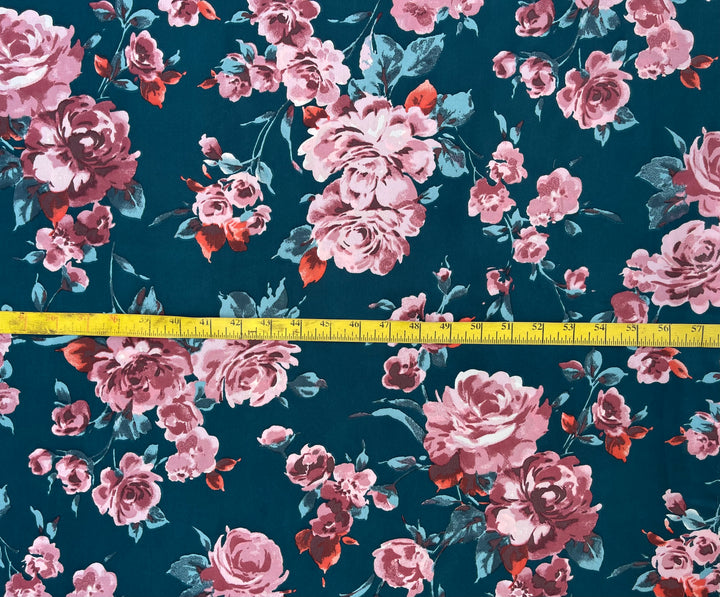 Lightweight  satin  fabric by the yard - Dark teal and coral  floral  print