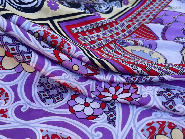 Faux silk charmeuse satin fabric by the yard - Purple black red floral patchwork oriental print