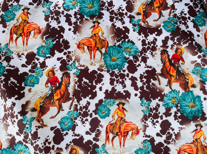 Charmeuse Satin sublimation  fabric by the yard -  Vintage Cowgirls -  western  animal  print