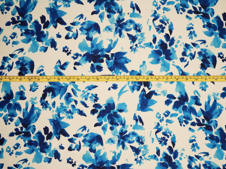 Lightweight  satin  fabric by the yard - Off white navy teal floral nature print