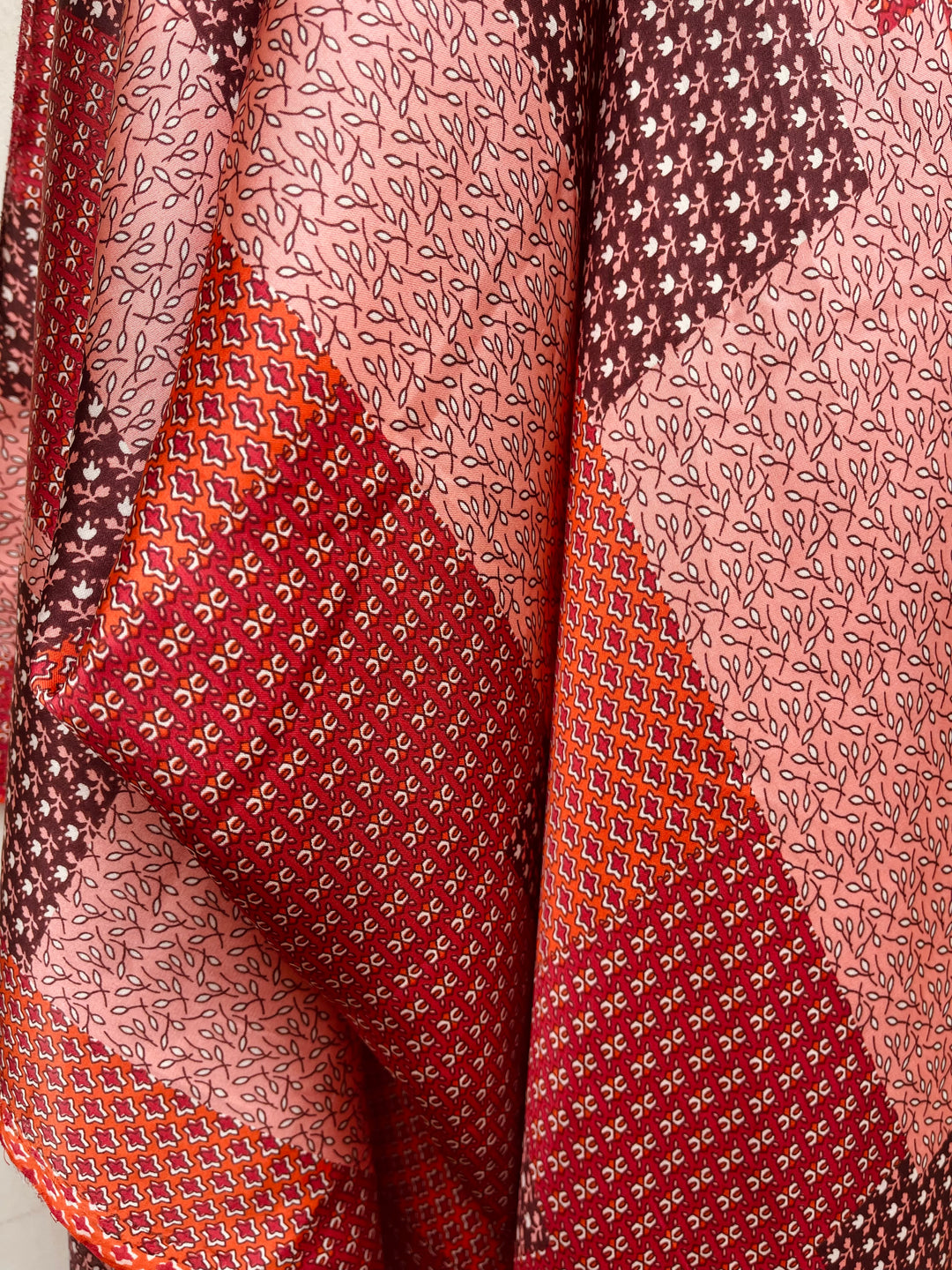 Lightweight  satin  fabric by the yard - Brown rusty orang patchwork  print