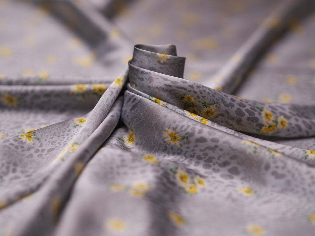 Lightweight  satin  fabric by the yard - Gray animal and Yellow   floral  print