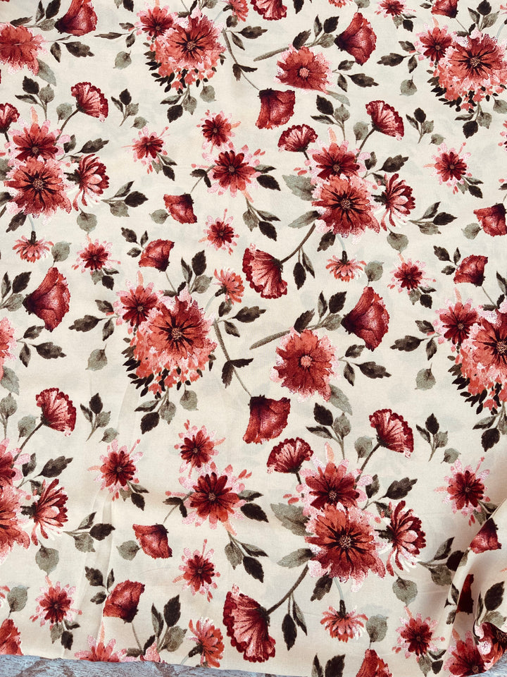 Woolpeach fabric by the yard - Burnt orange and green on taupe floral