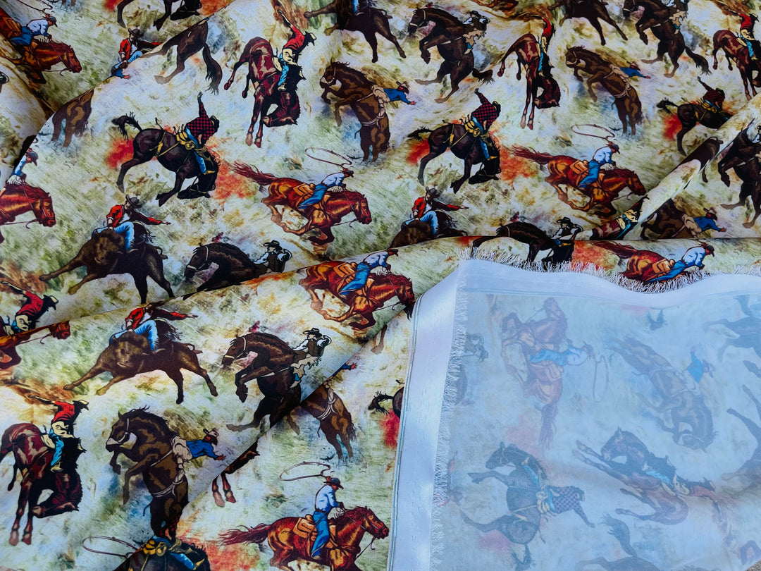 Charmeuse Satin sublimation  fabric by the yard -  Buckin’ Horses - Cowboys western    print