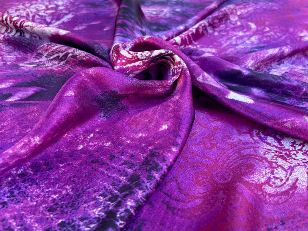 Charmeuse satin fabric by the yard  -  Purple pink snake paisley animal print