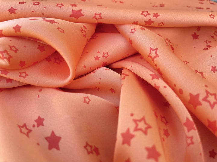 Lightweight  satin  fabric by the yard - Orange Stars  print