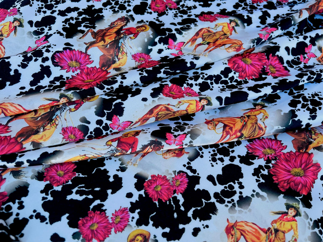 Charmeuse Satin sublimation  fabric by the yard -  Vintage Cowgirls -  western  animal  print