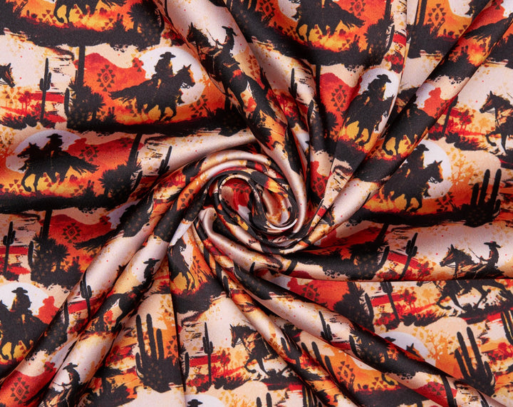 Charmeuse Satin sublimation  fabric by the yard -   Sunset Cowboys  western tribal print