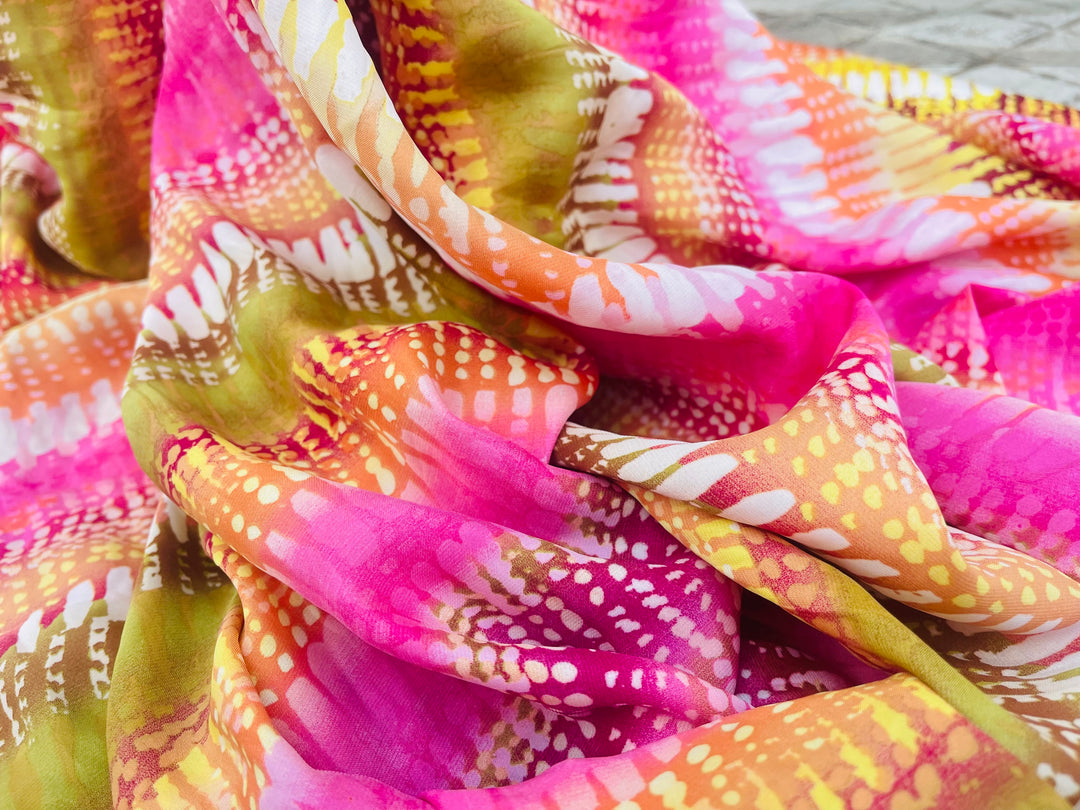 Lightweight  satin  fabric by the yard - Pink yellow striped print