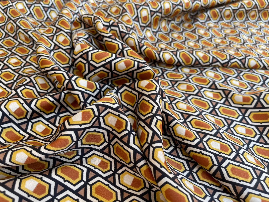 Lightweight stretch   satin  fabric by the yard -  Mustard brown ivory motif tile pattern