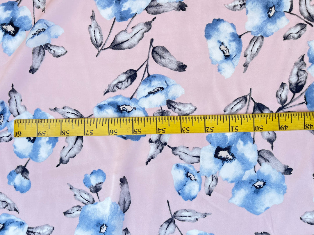 Lightweight  satin  fabric by the yard - Pink blue floral  print