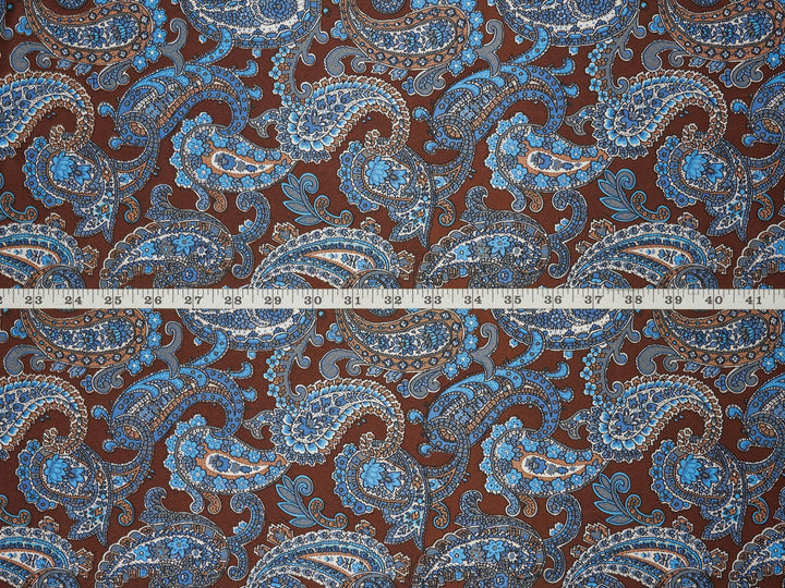 Paisley charmeuse satin fabric by the yard - Brown blue and ivory tones