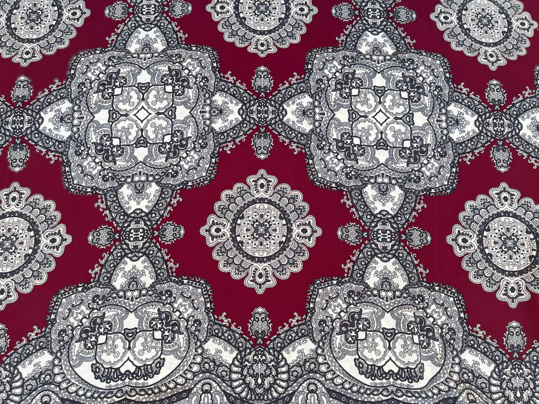 Woolpeach fabric by the yard - Burgundy and off white paisley damask border print